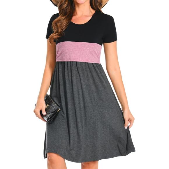 New! Scoop Neck Pink Color Block Nursing Dress with Pocket Size Large - Picture 1 of 5